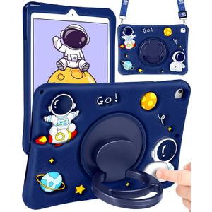Wazzasoft for iPad 6th Generation/iPad Air 2/Pro 9.7 Inch Case Boys Cute Astronaut Cover Kawaii 3D Cartoon Rotating Handle Stand+Strap Silicone Funda for Apple iPad Cases 6th Gen/ Air2/ Pro9.7