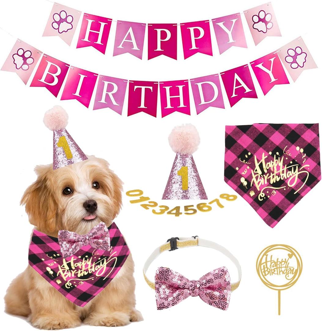ADOGGYGO Dog Birthday Girl Bandana, Puppy 1st Birthday Party Supplies, Pet Party Hat Scarf Bowtie Banner Set for Small Medium Dogs (Small&Medium) (Pink)