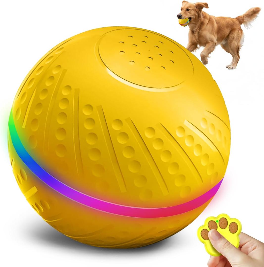 Interactive Dog Toys Ball, 2025 Upgraded 360 Anti-chew Safe Material Remote Control Dog Toy,Motion Activated Automatic Dogs Balls for Medium/Large Dogs (Yellow, with Remote Control)