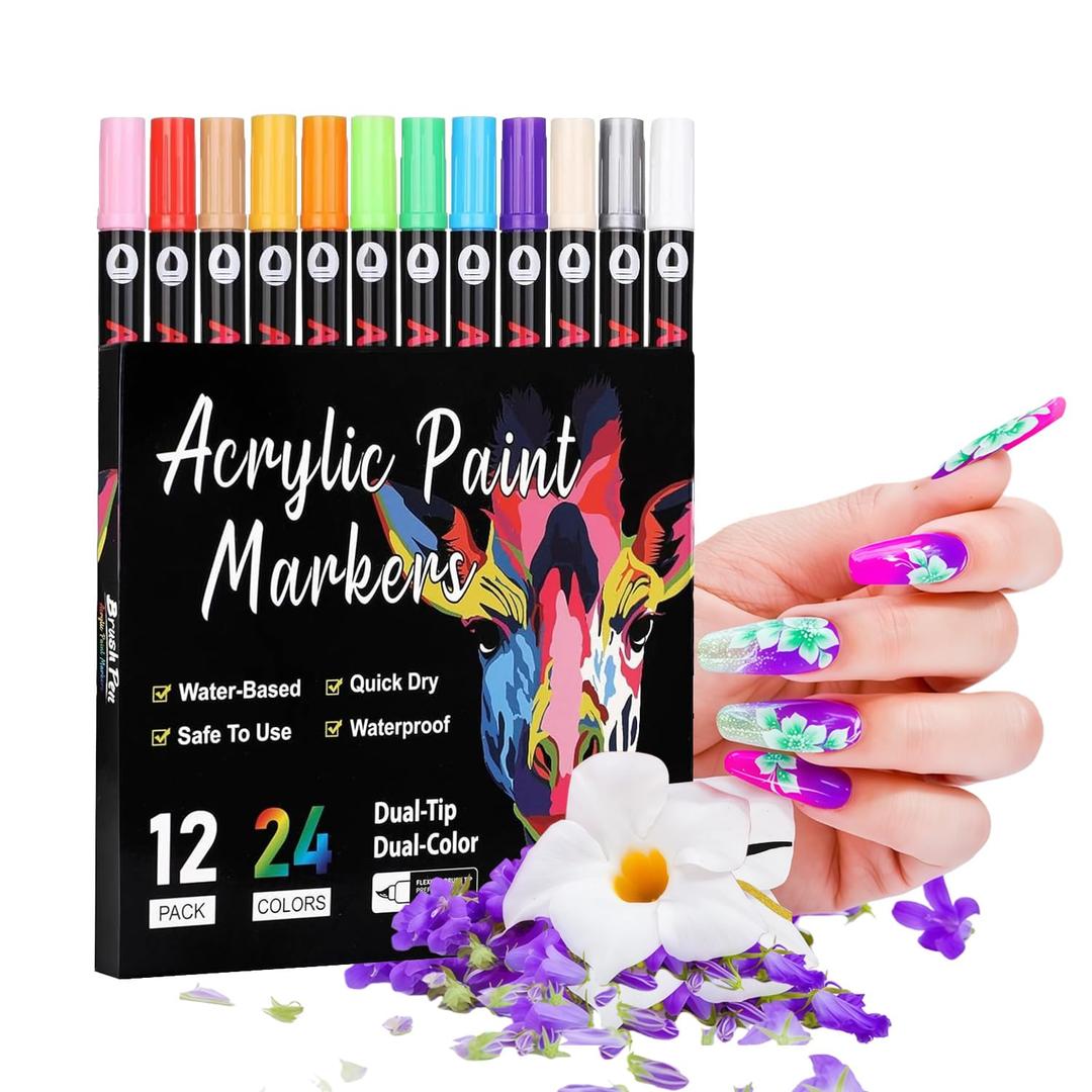 Professional Nail Art Pens Set of 24 Colors, Dual Tips Quick Drying Acrylic Paint Markers, Long Lasting Nail Design Kit for Salon, Home DIY Manicure, Gel Polish, French Nails & Nail Art Stickers