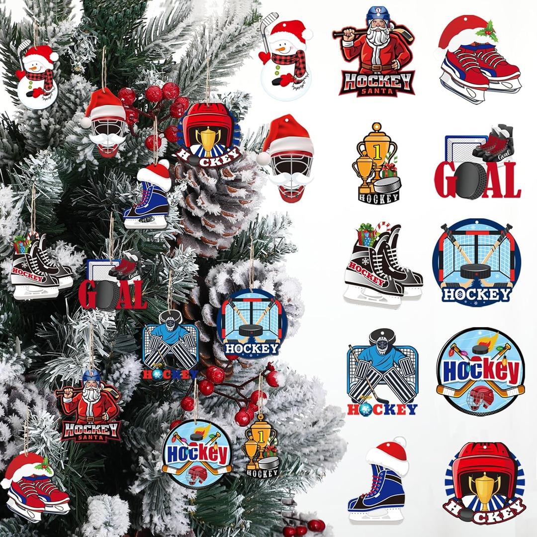 Syhood 36 Pcs Hockey Christmas Ornaments Bulk Wood Hanging Xmas Tree Decorations Ice Skate Ornament Funny Sports for Hockey Lovers Holiday Decor, 12 Styles
