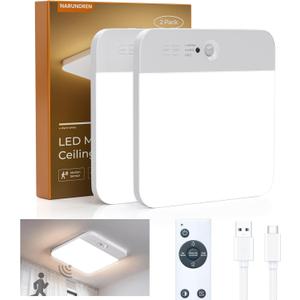 2 Pack Rechargeable Motion Sensor Ceiling Light, Wireless LED Light with Remote, 400LM 3 Color Dimmable for Closet & Indoor Use