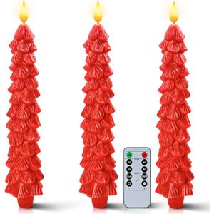 Homemory 3 Pcs Christmas Tree Candles with Remote, Waxy Flameless Taper Candles Flickering, Red LED Candlesticks Battery Operated for New Year Celebration Holiday Decorations 9.7 Inches