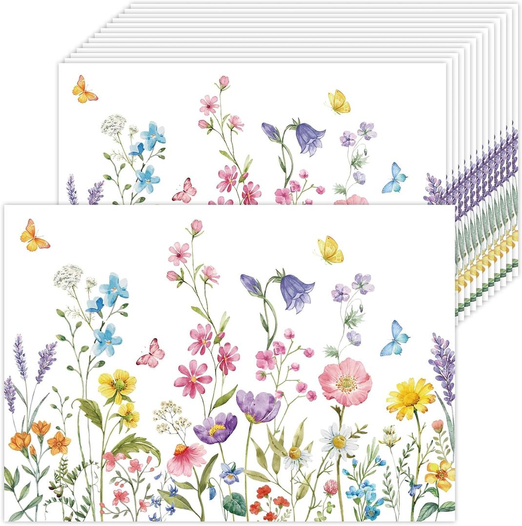 50 Pack Wildflower Paper Placemats Disposable,16x 11 Inch Spring Floral Placemats Butterfly Wildflower Table Mats for Kitchen Dining Wedding Birthday Spring Party Supplies