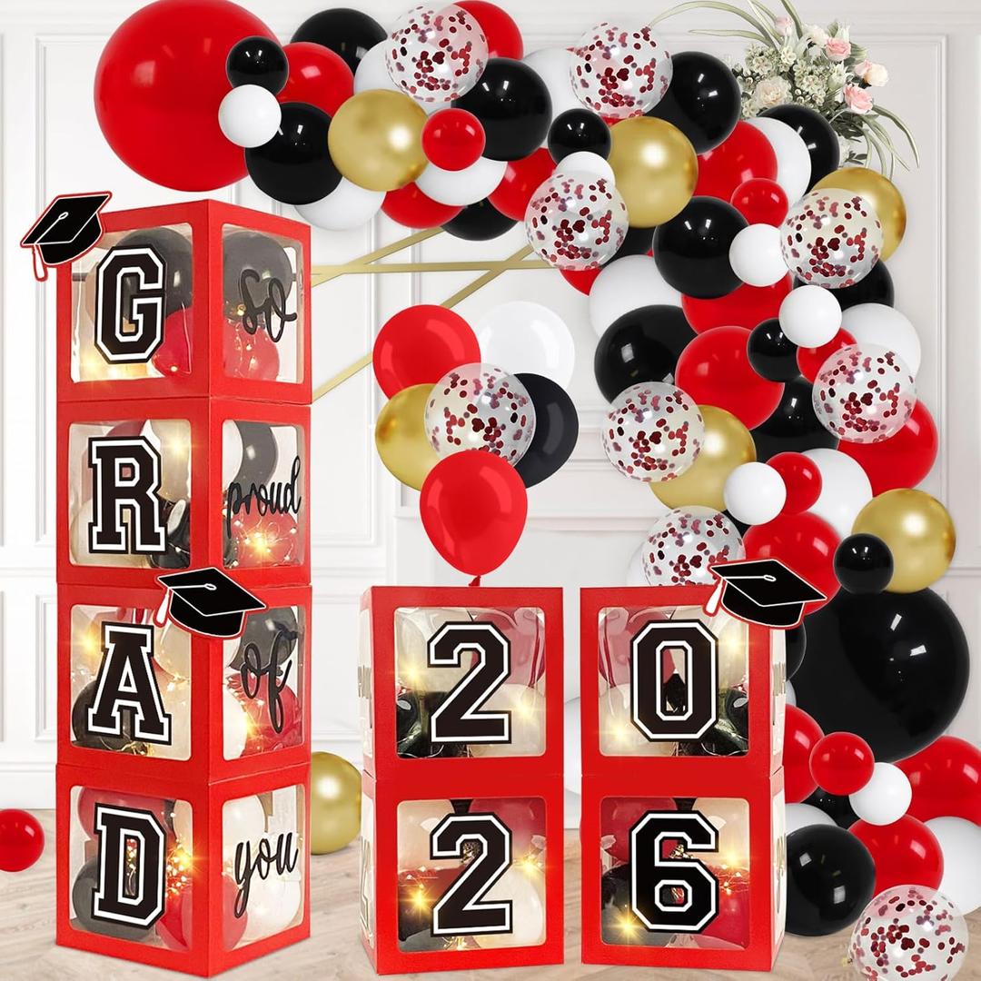 DAZONGE Graduation Decorations 2026, Set of 4 Red Grad Balloon Boxes with 139pcs Balloon Arch Garland Kit & 4 Light Strings - So Proud of You 2026 Graduation Decorations for Any Grades