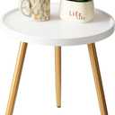 danpinera Small Round Side Table, Mini White Table with Wooden Tray & Metal Legged, Gold Side Table for Small Space, Living Room, Bedroom, Nursery, 14.96" D x 14.96" W x 17.52" H, White & Gold