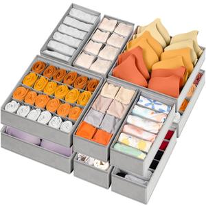 Criusia 12 Pack Sock Underwear Drawer Organizer Dividers, 116 Cells Fabric Foldable Dresser Closet Organizers and Storage Bins for Baby Clothing, Women Men Underwear Socks, Bra, Ties, Scarf (Grey)