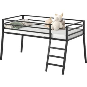 Lutown-Teen 43 inch High Twin XL Loft Bed, Low Junior Metal XL Twin Loft Bed with Stairs and Safety Guard, Noise Free for Small Bedroom, Black
