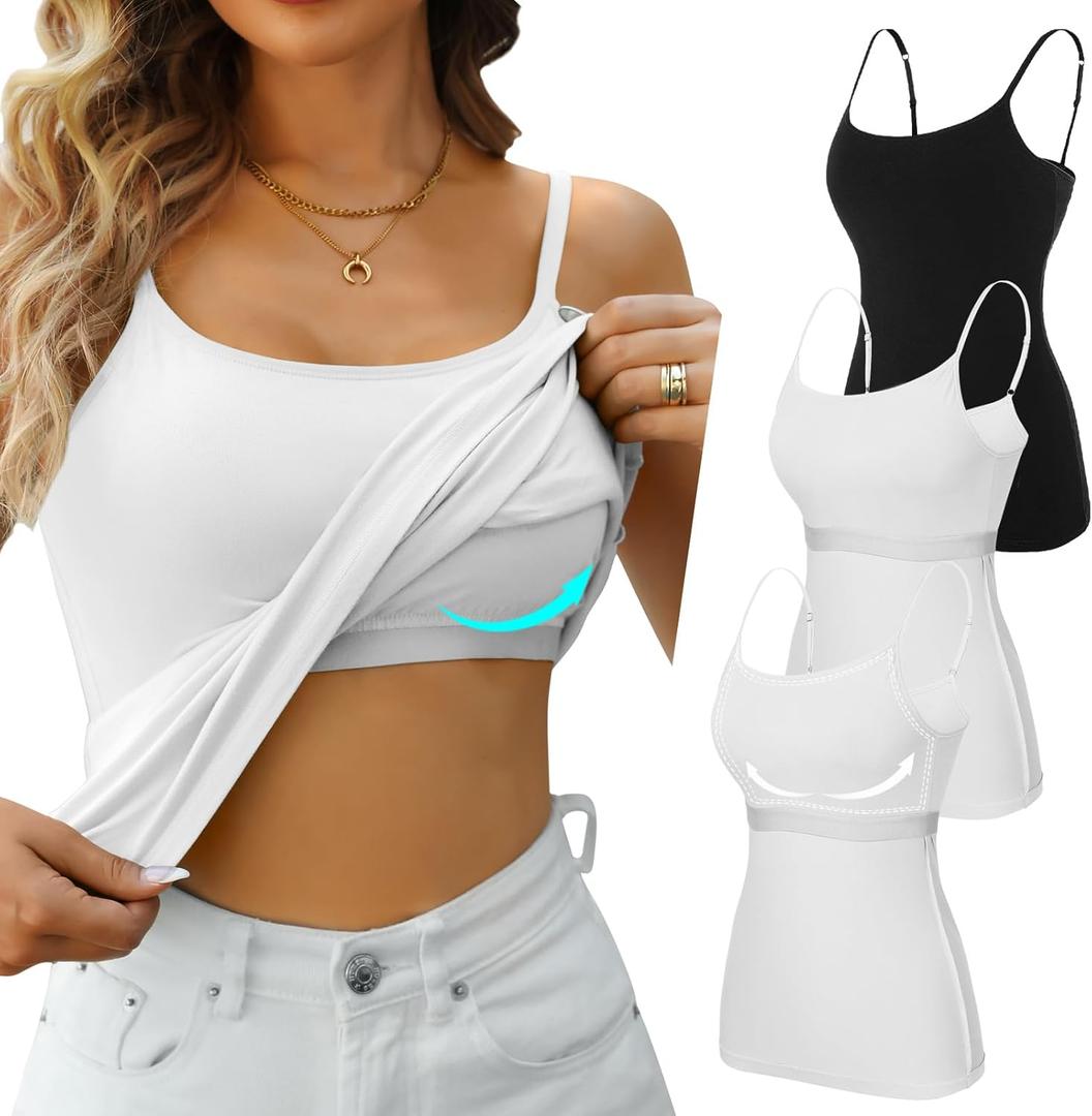 V FOR CITY Cotton Shelf Bra Camisole Tops for Women Adjustable Spaghetti Strap Tank Top Summer Cami Shirt 3 Pack (Large, Black/White/White)