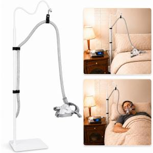 CPAP Hose Holder for Bed, All-Metal Bedside CPAP Hose Stand with Under-Mattress Base, Adjustable Flexible Arm, Curved Mask Hook and Hose Straps, No-Drill CPAP Accessories, White