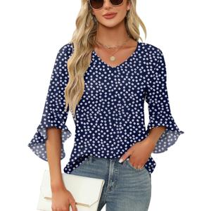 Qirno Chiffon Blouses for Women Ruffle 3/4 Sleeve Dressy V Neck Casual Flowy Tunic Tops (X-Large)