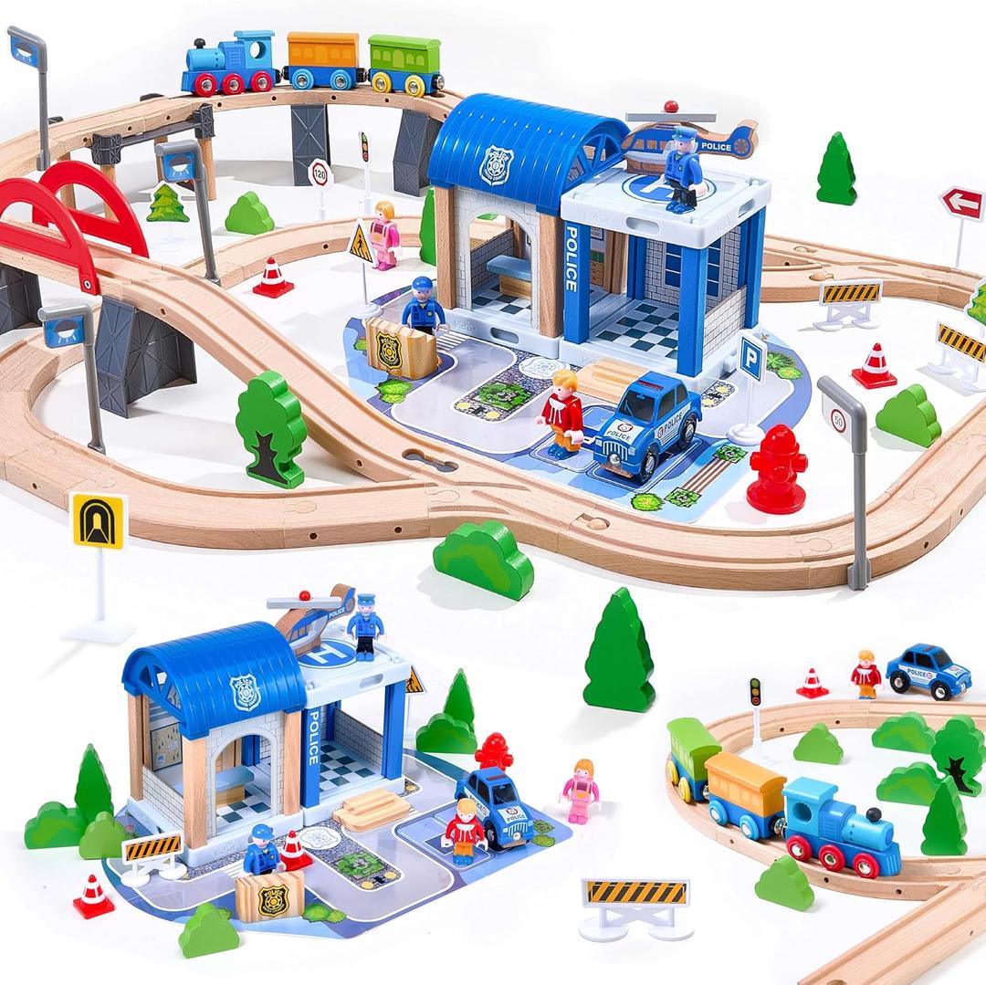 102Pcs Wooden Train Set for Toddlers, Wooden Train Track - Expandable and Changeable, Safe Educational Train Toys Gift for Boys & Girls Kids Ages 3-5 4-8, Compatible with All Major Brands
