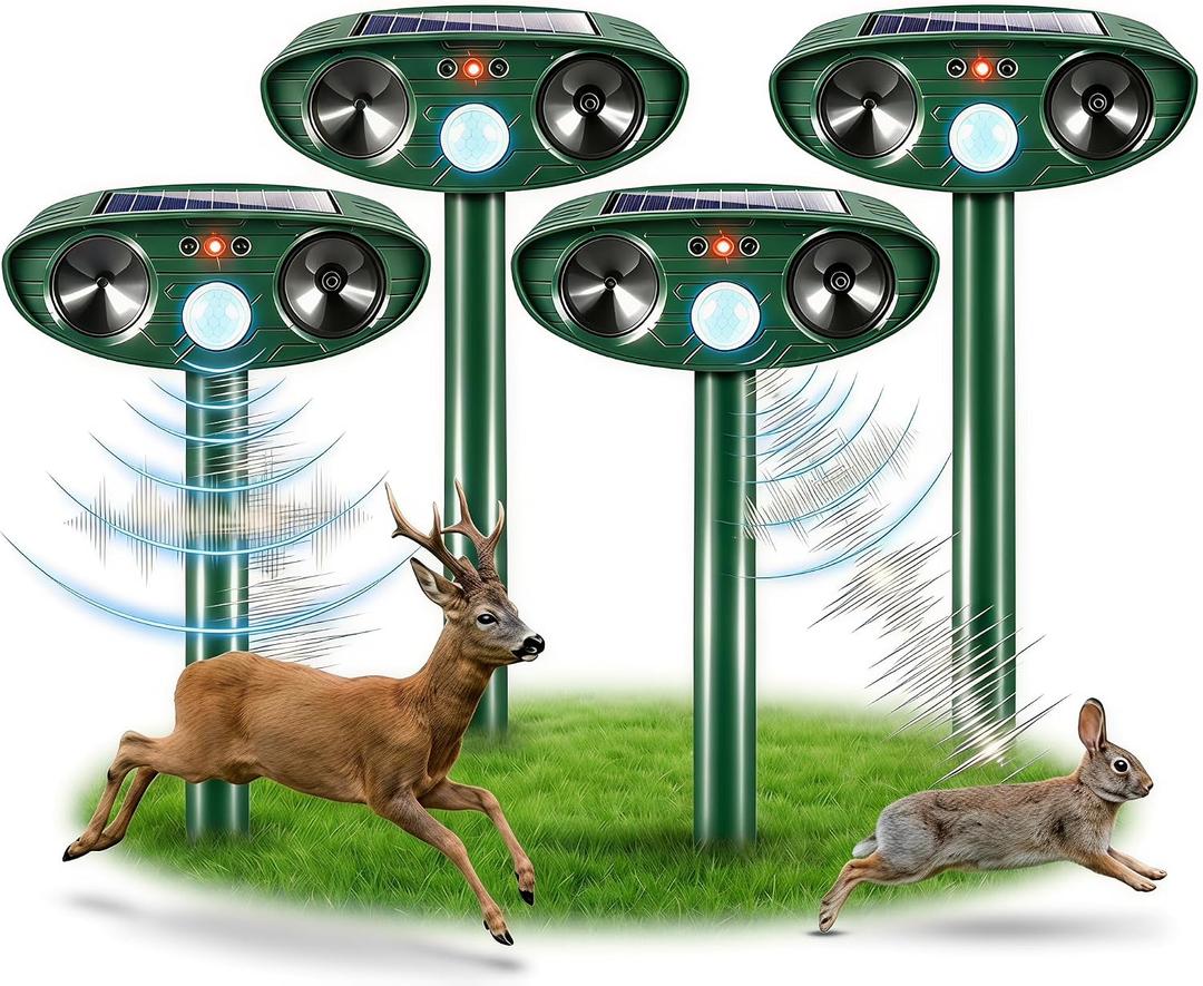 2026 Ultrasonic Deer Repellent Devices Solar Animal Repellent Outdoor with Motion Sensor to Keep Cat Rabbit Raccoon Out of Yard Garden Farm Squirrel Fortress Pro Deer Deterrent for Plant,4Pack