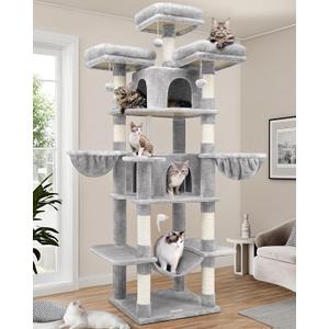 Globlazer Big Cat Tower for Indoor Cats, 80inch Cat Tower for Multiple Adult Cats XXL Cat Tree with Scratching Post, Hammock, 3 Perches, 2 Condos, 2 Hanging Basket, F80, Light Grey