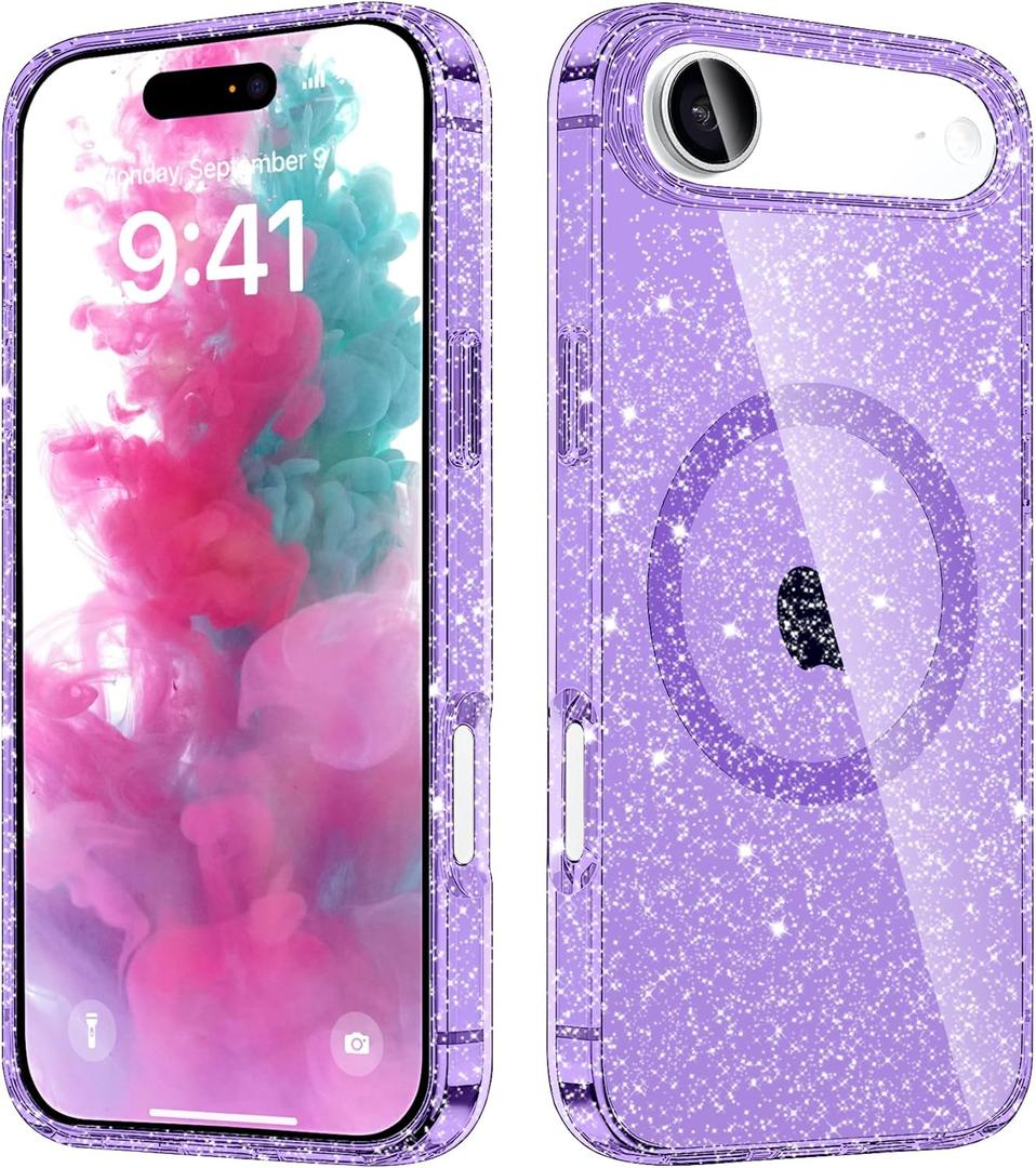 Designed for iPhone Air Case Glitter Magnetic, Compatible with Wireless Charging, Sparkly Anti-Scratch Back Shockproof Slim Thin Phone Cases Cover for Women (Purple)