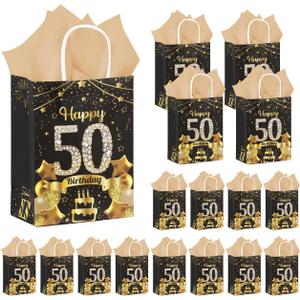 50Pcs 50th Birthday Party Favors Gift Bags Bulk, Black and Gold Happy 50th Gift Candy Wrap Bags with Tissue Paper, Vintage 50th Birthday Decorations Souvenir Bag for Men Women Anniversary Supplies (50th)