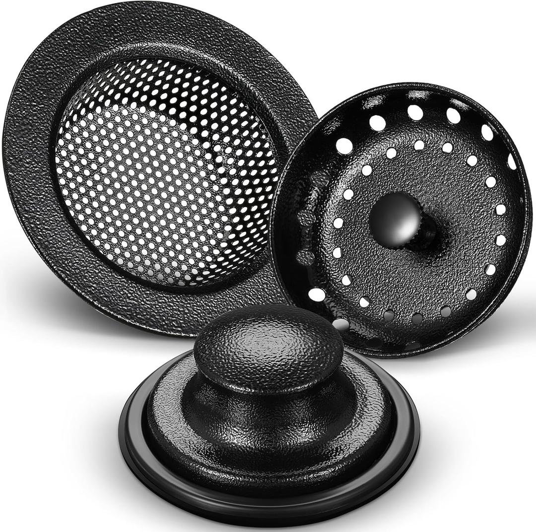 Mudder 3 Pcs Kitchen Sink Drain Strainer and Stopper Stainless Steel Garbage Disposal Plug with Handle Universal Anti-Clogging Kitchen Sink Filter Sieve Basket Strainer(Black Texture)
