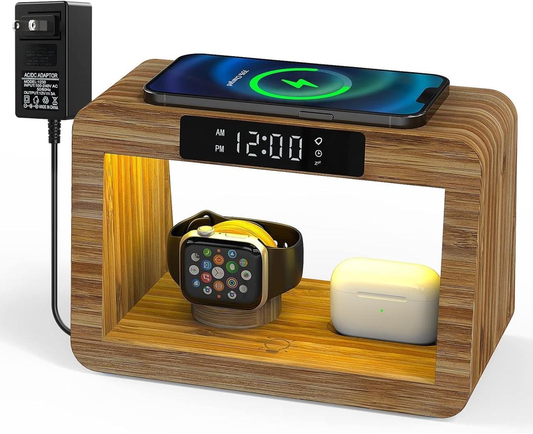 Bamboo Charging Station for Multiple Devices, 15W Fast Wireless Charger Night Light with 3 Color& 4 Adjustable Brightness, Night Stand Charger Station for iPhone/Apple Watch/AirPods