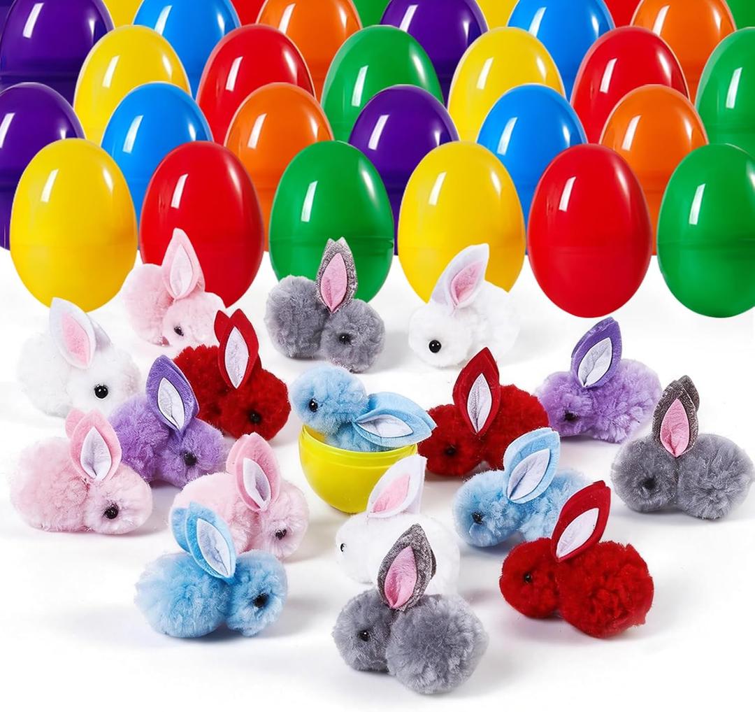 30 Pack Prefilled Easter Eggs with Plush Bunnies,Pre Filled Easter Eggs with Stuffed Toys Inside,Easter Basket Stuffers for Kids,Easter Egg Hunt,Classroom Prize