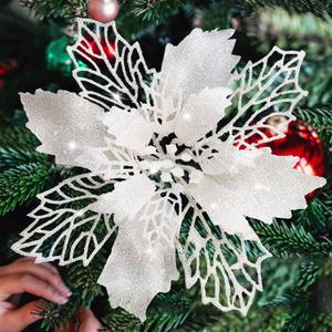 Poinsettia Christmas Decorations Flowers -12Pcs Artificial Poinsettia Christmas Tree Ornaments Glitter for Xmas New Year Wedding Party Wreath DIY Garland Decor (White)