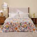 100% Cotton Boho Throw Blanket for Home Decor Classic Farmhouse Quilt Bedding, Muslin Blankets for Adults, Vintage Woven Decorative Blanket for Couch, Bed Layering Use, Botanic Floral, 90"x90", Queen