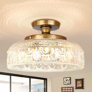 Lamomo Semi Flush Mount Ceiling Light, 3 Light Hallway Light Fixture, 12 Inch Antique Brass Gold Globe Glass Close to Ceiling Scone,Indoor Hanging Lantern for Bedroom Kitchen Porch Hallway (Copper)