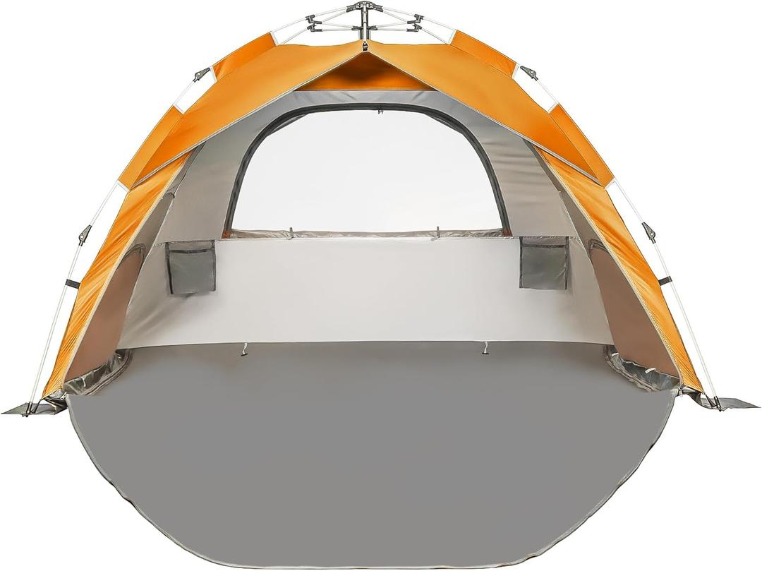 Beach Tent Pop Up Beach Sun Shade Tent with UPF 50+ UV Protection, Removable Floor Zippered Privacy & Ventilation Sun Shelter Family 3 to 4 Person (Orange)