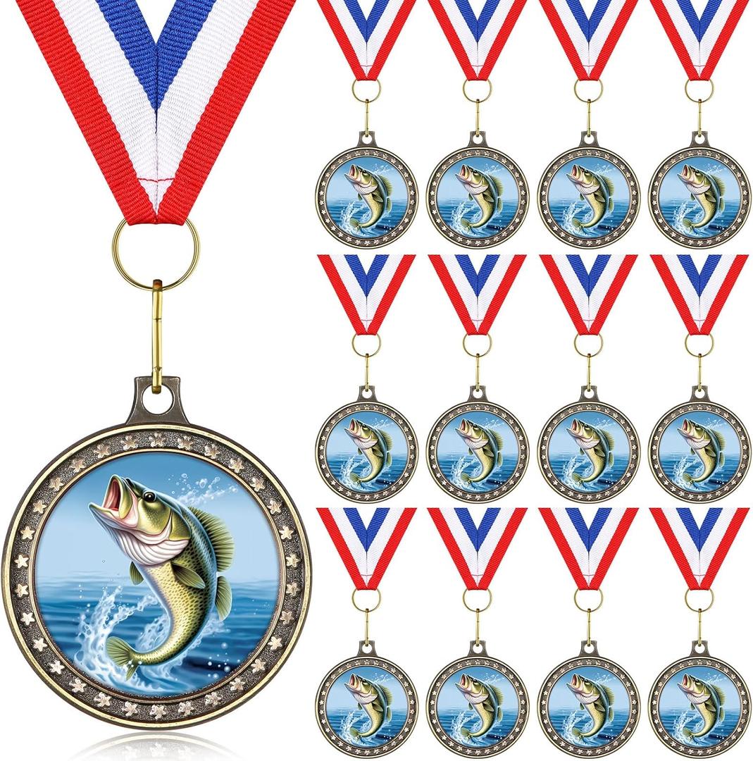 Quelay Fishing Medals 2" Fishing Award Medals with Neck Ribbons Fish Competition Trophy Prizes for Deep Sea Fishermen