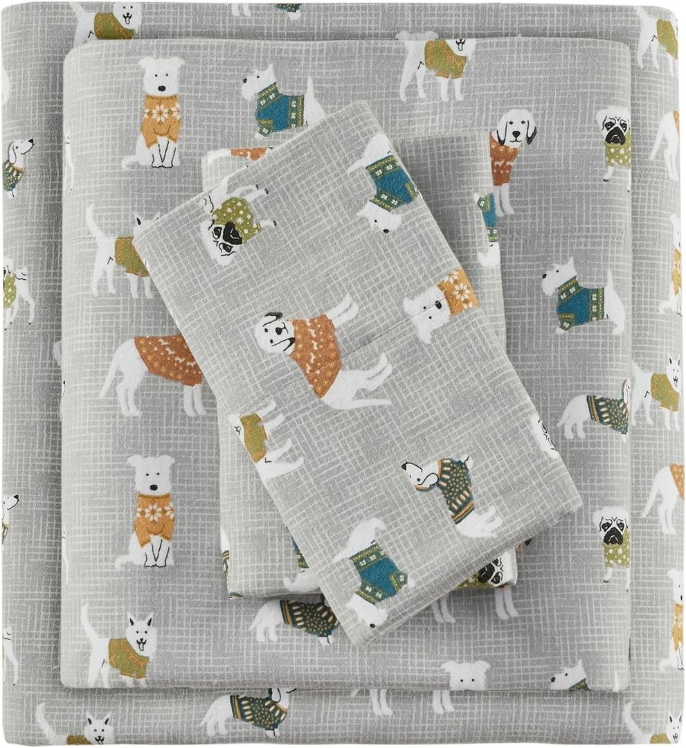 True North by Sleep Philosophy Cozy Flannel Warm 100% Cotton Sheet - Novelty Print Animals Stars Cute Ultra Soft Cold Weather Bedding Set, Full, Grey Dogs 4 Piece
