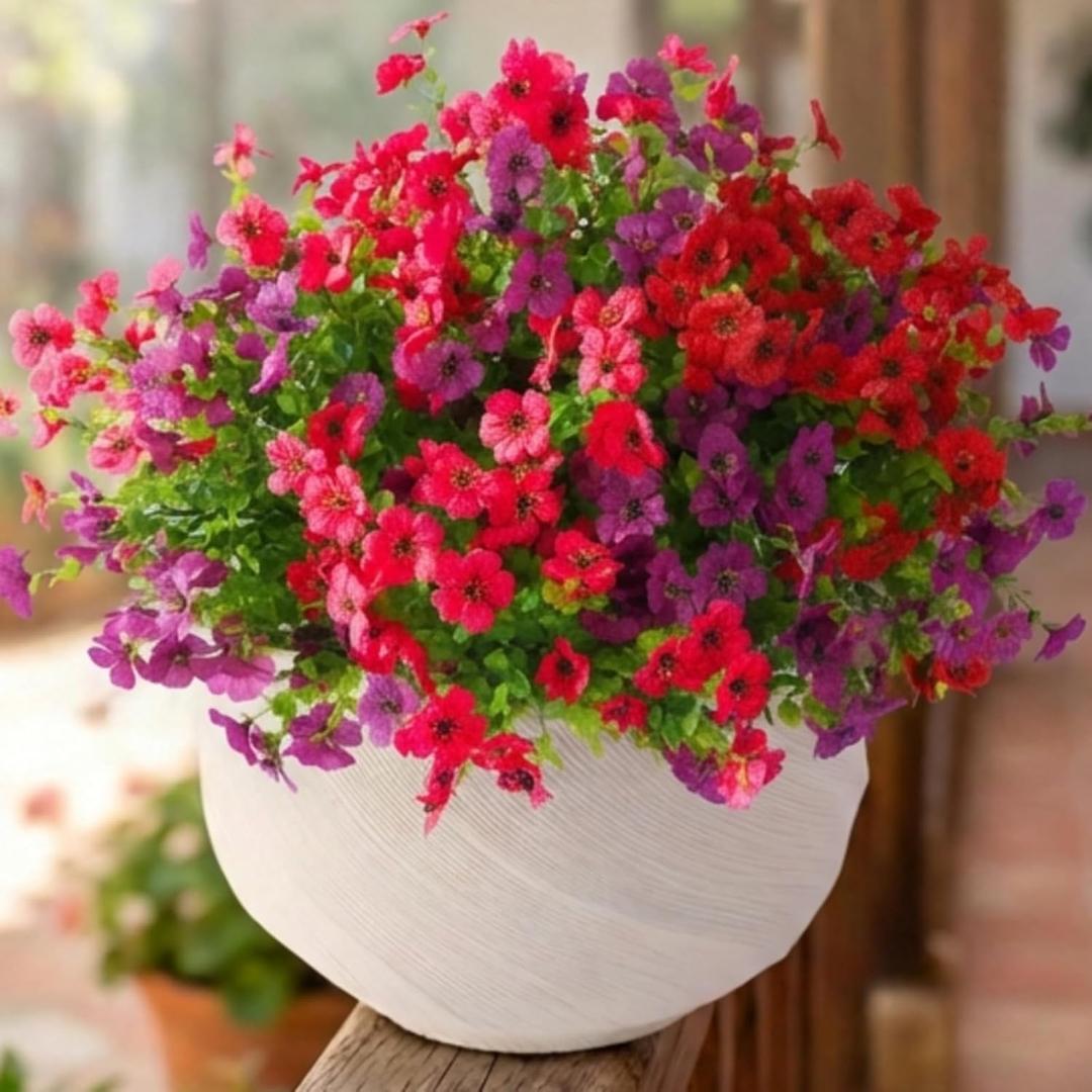 Artificial Flowers for Outdoors, Faux Spring Silk Flowers with Eucalyptus Leaves, UV Resistant Fake Plants for Garden Home Decoration, Outdoor Flower Pots (Mix of Red, Purple)