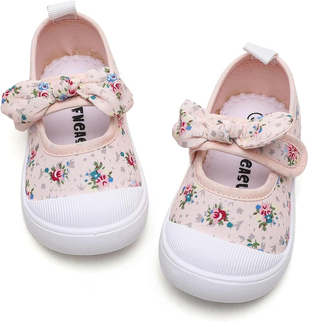 Toddler Girl's Canvas Sneakers Bowknot Mary Jane Flat Shoes for Kids School Uniform Shoes Dress Shoes (Beige), Size: 5 Toddler