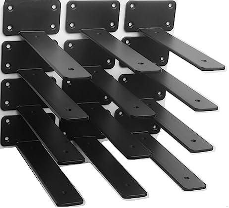 12 Pack - 9 inch Black Hidden L Shelf Bracket (1/5 Inch Thicked) Iron Floating Shelf Brackets Rustic Industrial Metal Brackets for Shelf Support