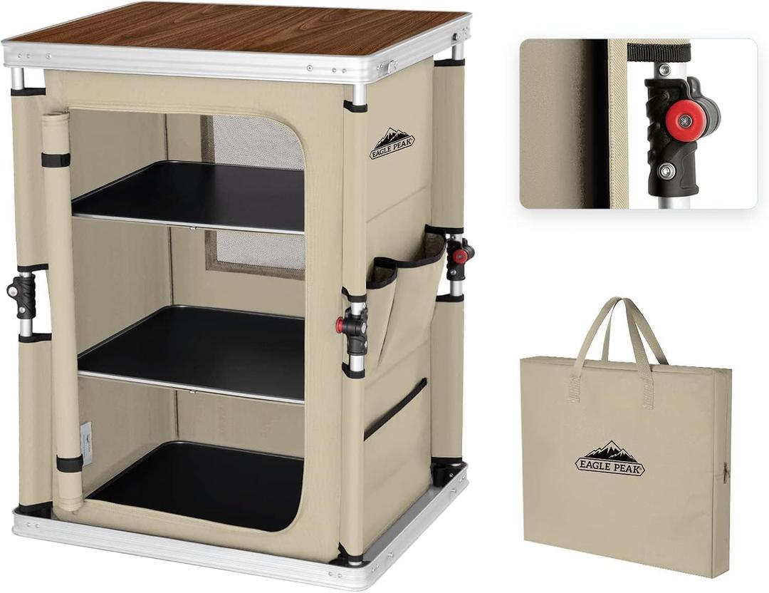 EAGLE PEAK Outdoor Folding Camping Table with Large 3-Tier Storage Organizer and Side Pockets, Easy Set Up Portable Aluminum Camping Kitchen, Beige (18.9 x 23.6 x 31.5 IN)