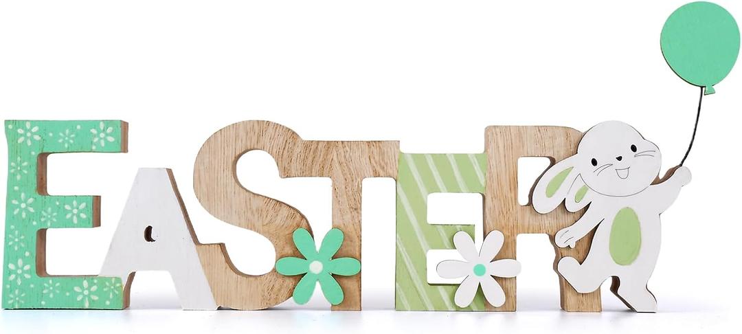 Easter Decorations Wooden Sign for Home, Farmhouse Rustic Easter Table Decor Cute Bunny with Balloon for Tiered Tray Tabletop Happy Spring Indoor Outdoor Party Decoration (Light Green)