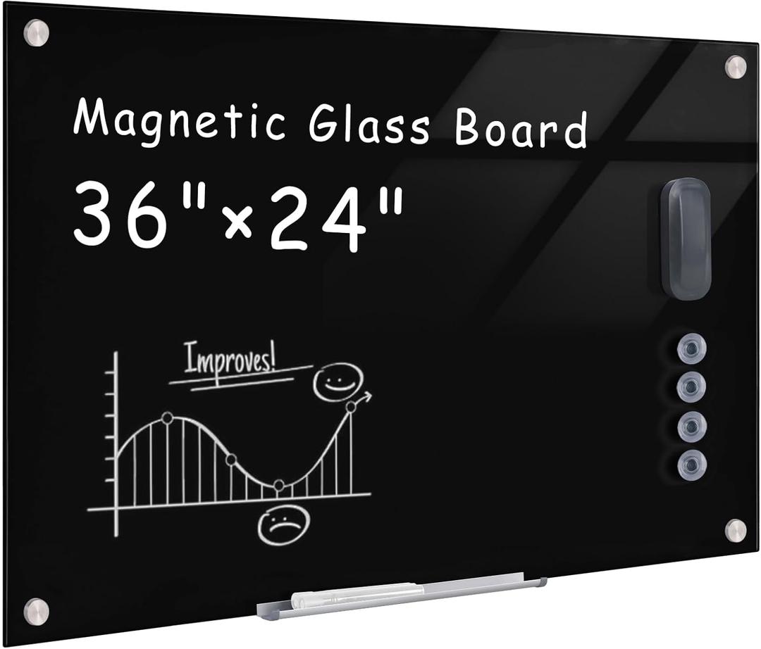 Mifuro Magnetic Glass Whiteboard36"x24" Wall Mounted Frameless Dry Erase Board for Office, Home & School Black