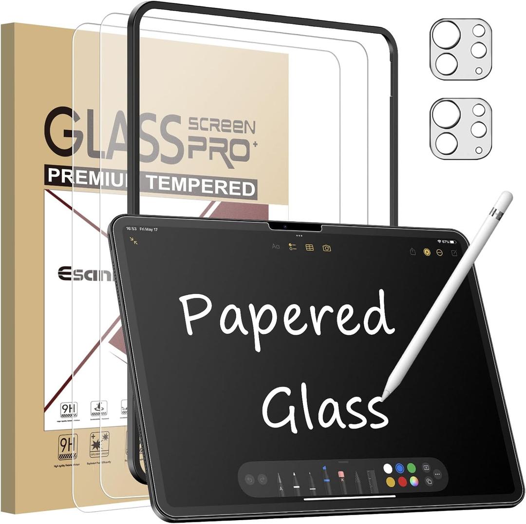 Esanik [2+2 Pack Like Paper Glass Screen Protector for iPad Pro 13 Inch M4 (2024) with Camera Lens Protector & Alignment Frame, 9H Tempered Glass PAPERed Film for Drawing Writing