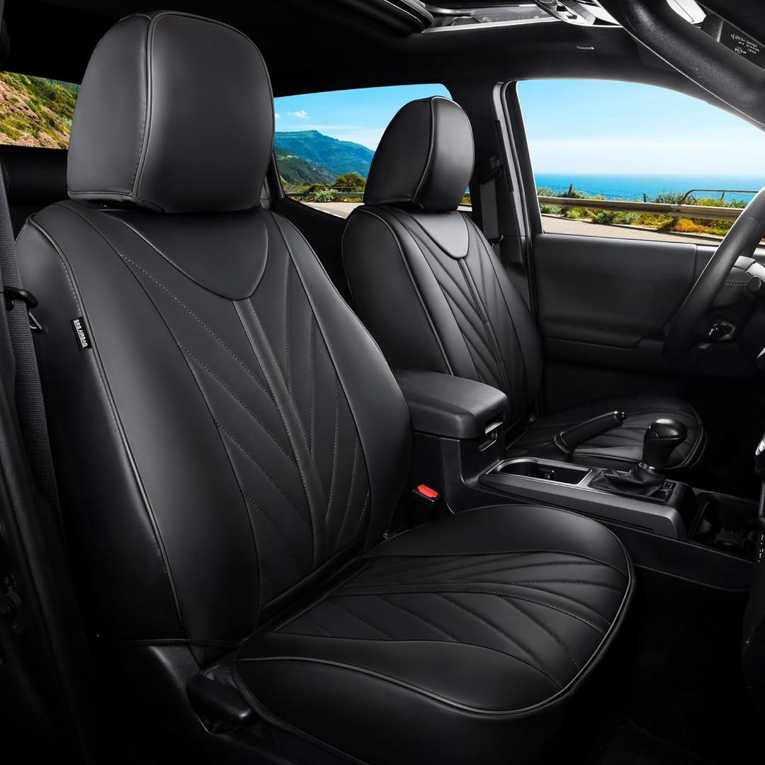 FREESOO for Tacoma 2005-2015 Seat Covers Full Set - Custom Fit for Toyota Tacoma Double Crew Cab, SR, SR5, TRD Sport, TRD Off-Road, Pickup Truck Seat Covers with Faux Leather(Black)