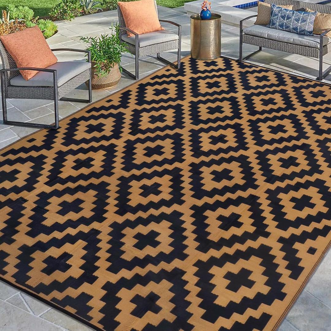 SAND MINE Reversible Mats, Plastic Straw Rug, Modern Area Rug, Large Floor Mat and Rug for Outdoors, RV, Patio, Backyard, Deck, Picnic, Beach, Trailer, Camping, Black & Brown, 9' x 12'