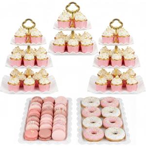 NWK 5 Piece Cake Stand Set with 2 x 3-Tier Cupcake Stands, 1 x2-Tier Cupcake Stands, 2 x Appetizer Trays, for Wedding Birthday Baby Shower Tea Party Decorations (Gold)