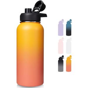 32 oz Insulated Water Bottle with Handle, 304 Stainless Steel Water Bottles with Wide Mouth, Double Wall Vacuum Sports Water Bottle, BPA Free, Keep Cold and Hot, Yellow&Orange