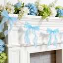 2 Strings Blue Bow Garland Banner, Pre-Strung Fish-Tail Organza Ribbon with 6.5ft Pearl Chain for Baby Shower, Bridal Shower, Wedding, Engagement, Graduation & Anniversary Party Decor