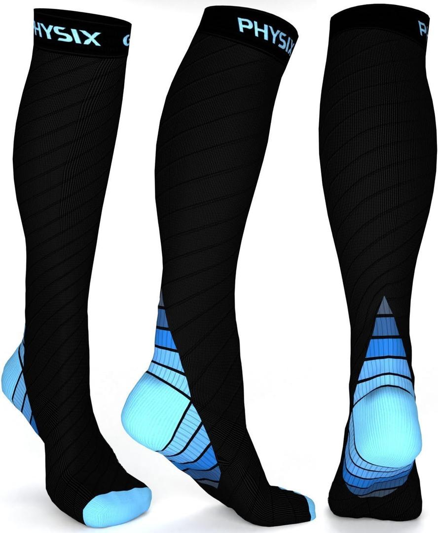 Physix Gear Compression Socks 20-30 mmHg - Men & Women - Running, Nurses, Shin Splints, Flight, Travel (Black/Blue)