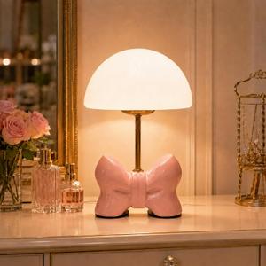 Loscarol Pink Bow Table Lamp, 3-Color Dimmable Mushroom Night Light, 11 inch