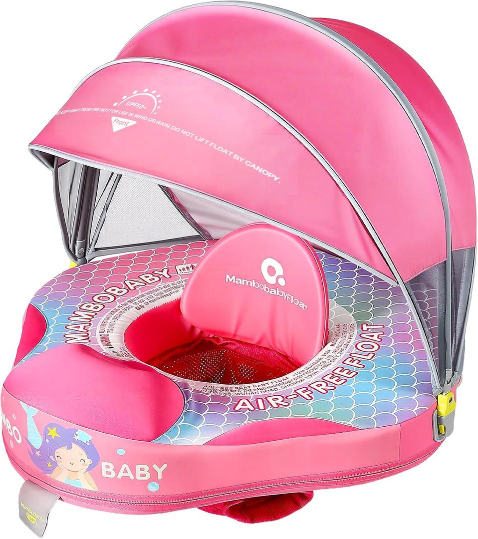 Mambobaby Baby Pool Float with Canopy, Non-Inflatable Infant Swim Float with Safe Seat and Tail Support for 3-24 Months, UPF 50+ Sun Protection