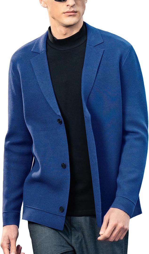 Men's Cardigan Sweater Button Front V-Neck Long Sleeve Knit Sweaters (Blue, XXXL)