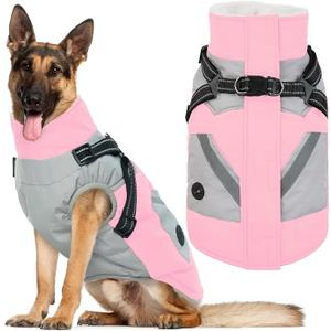 Dog Jacket, Large Dog Coat with Harness Built in, Warm Pet Winter Jacket Zippered Snow Coat with Furry Collar, Waterproof Fleece Snowsuit for French Bulldog, Pink L
