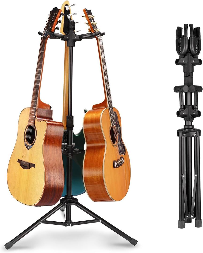 GUITTO Triple Guitar Stand - Heavy Duty 3 Guitar Stand for Acoustic/Electric/Bass/Banjos, Auto-Lock Folding Design, Non-Slip Base & Anti-Rust - Portable for Stage/Travel/Studio GGS-06T