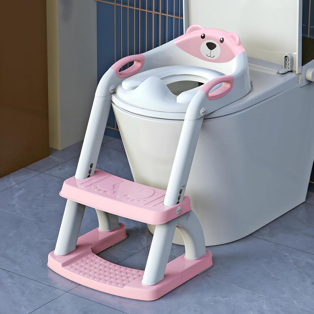 Potty Training Seat, SKYROKU Upgrade Toddler Toilet Seat for Kids Boys Girls, 2 in 1 Potty Training Toilet, Splash Guard Anti-Slip Pad Step Stool, New Sector-Shape Stabilized Base (8899+Pink)