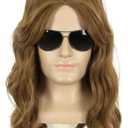 Long Brown Curly 70s 80s Mens Rocker Star Party Wig Heat Resistant Synthetic Fibers Fluffy Breathable Costume Hair