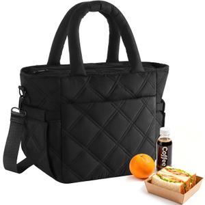 Insulated Lunch Box for Women Men, Soft & Puffy Lunch Bag, Large Capacity Leakproof Reusable Tote Cooler Bag with 4 Pockets, Adjustable Strap, Ideal for Work, Outdoors, Picnic, Travel (Black)